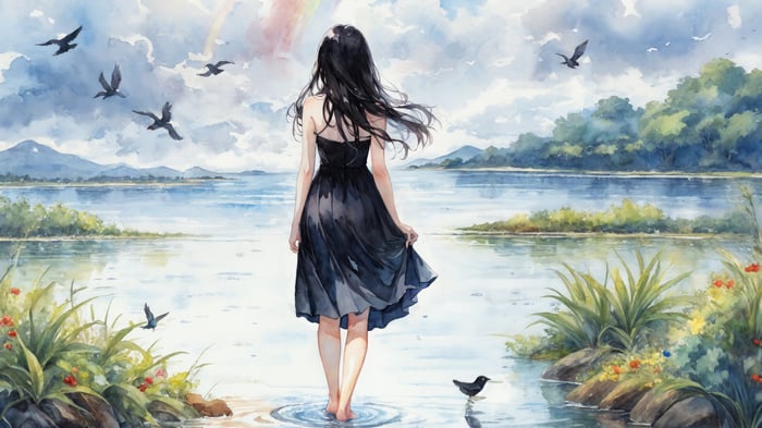 Anime Girl in Black Dress at Lake with Birds