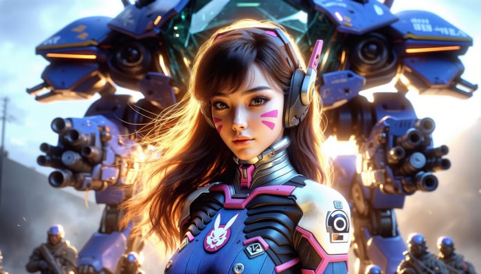 D.Va in her mech suit with soldiers