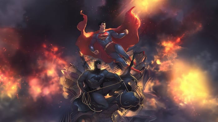 Superman and Batman in a fiery city