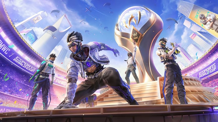 PMWC Esports World Cup with Players and Trophy