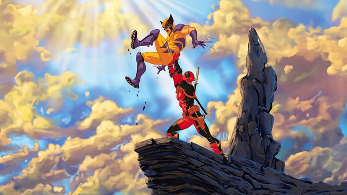 Deadpool and Wolverine fight on a cliff