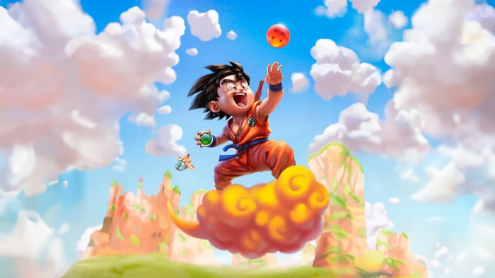 Young Goku on Nimbus Cloud with Dragon Ball