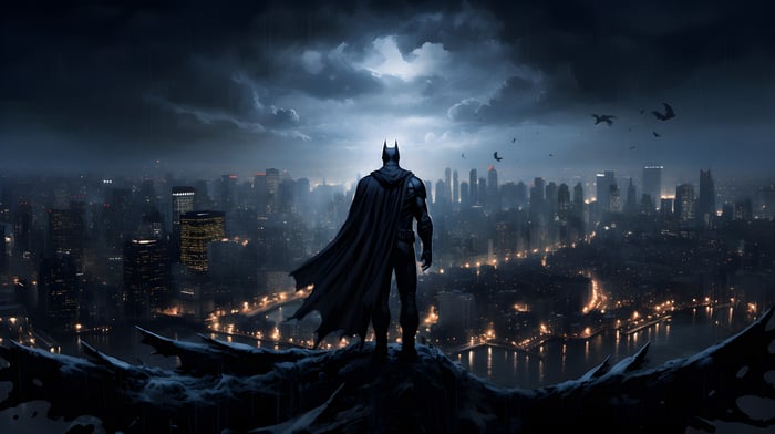 Batman overlooking Gotham City at night