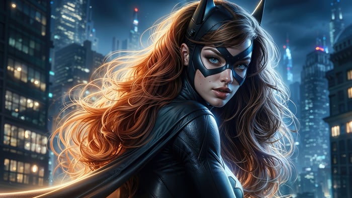 Batgirl in a dark city at night