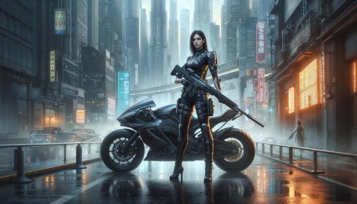 Woman with sniper rifle and motorcycle in futuristic city