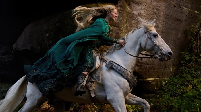 Galadriel on horseback in The Rings of Power