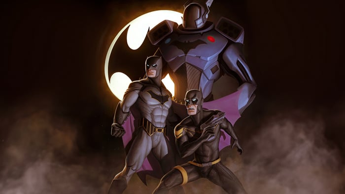 Batman and allies stand before the Batman symbol