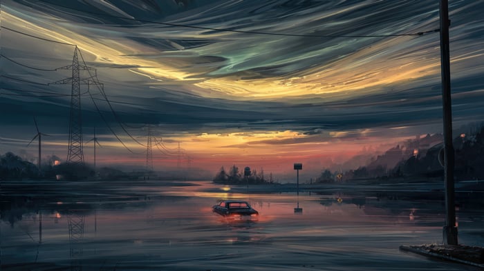 Car driving through flooded landscape at sunset