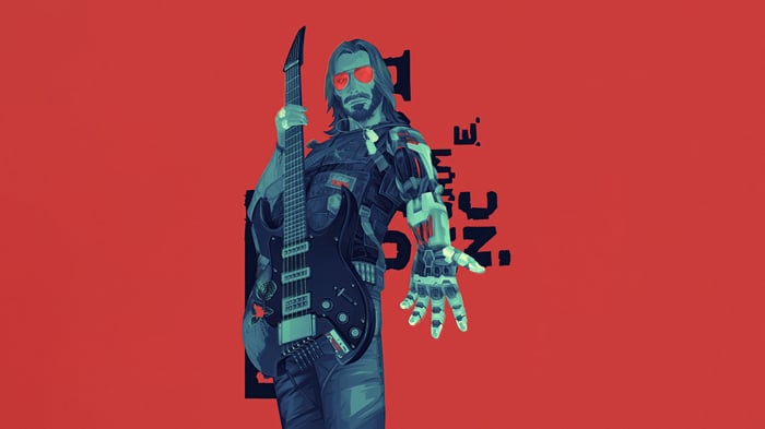 Johnny Silverhand holding a guitar