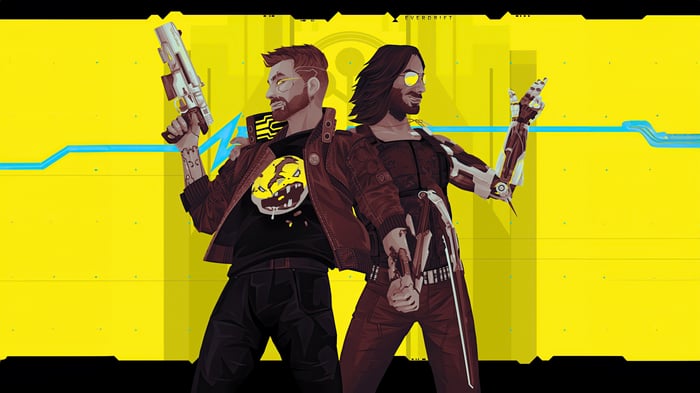 Cyberpunk 2077 characters with guns on yellow background