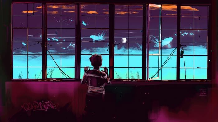 Boy looking out window at surreal sky with glowing creatures