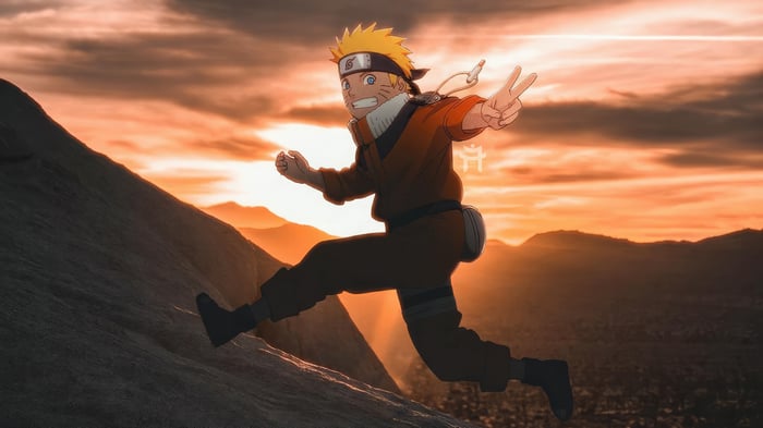 Naruto Uzumaki running during sunset