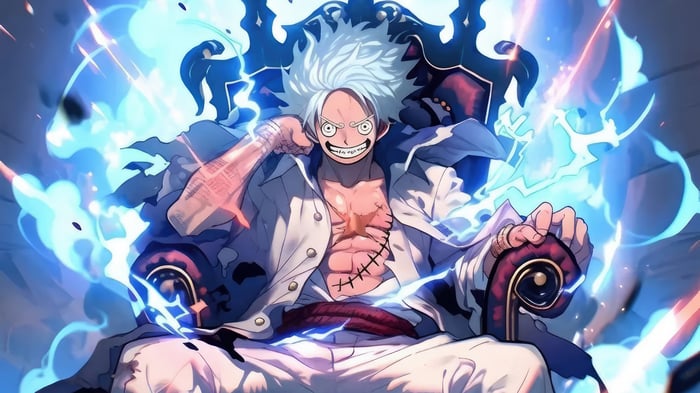 Monkey D. Luffy in Gear 5 on a throne