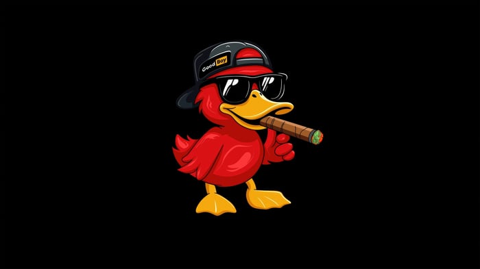 Red duck wearing a cap and sunglasses smoking