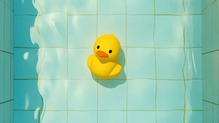 Yellow rubber ducky floating in a tiled pool