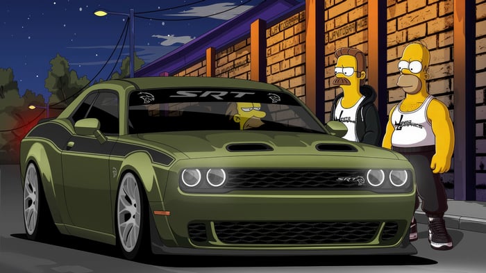Simpsons characters with a Dodge Challenger SRT
