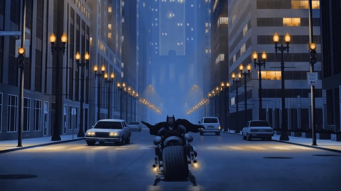 Batman on Batpod in Gotham City