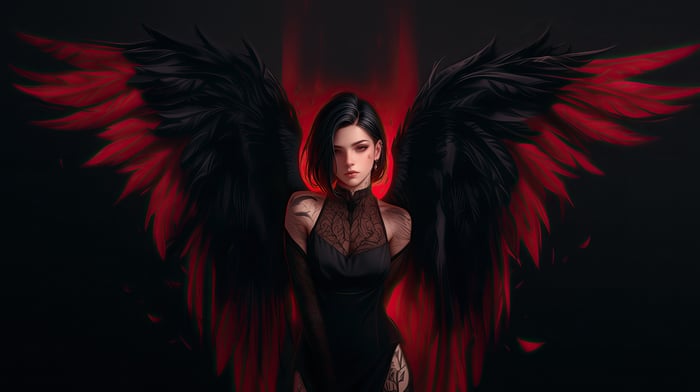 Dark Goth Angel with Black and Red Wings
