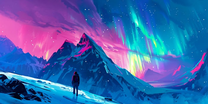 Person watching the Northern Lights over mountains