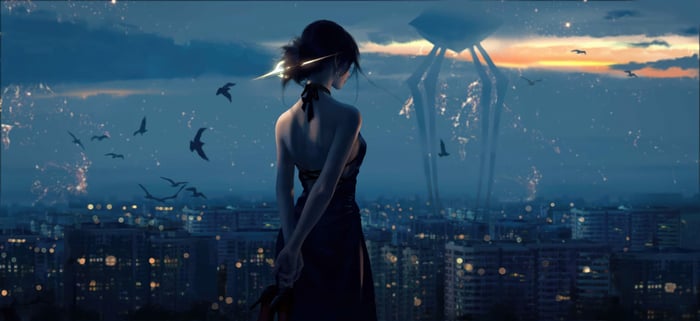 Girl in a dress looking at a city at dusk