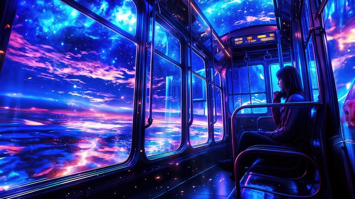 Girl on a space train looking out at a galaxy