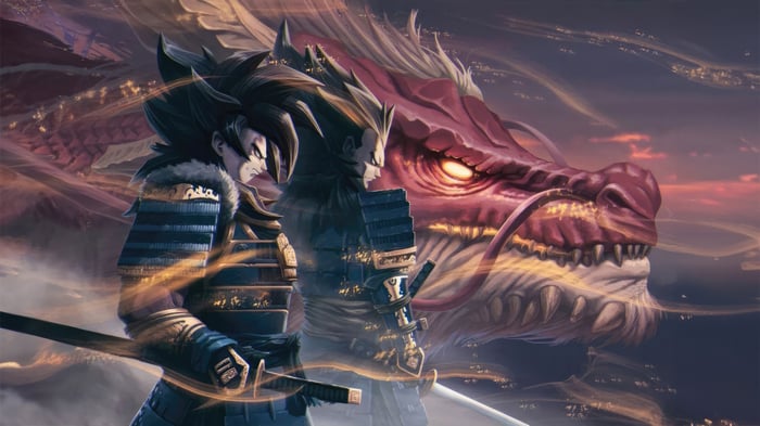 Goku and Vegeta as Samurai with a Dragon