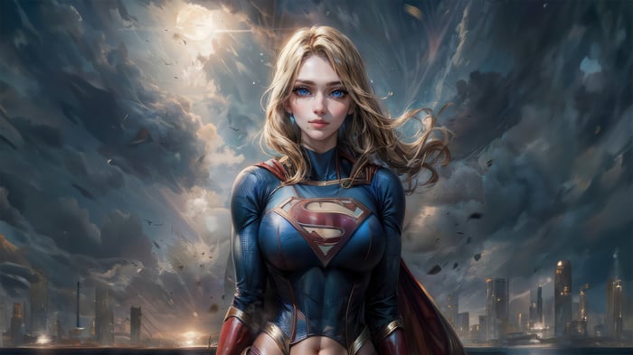 Supergirl in a dramatic sky over a city