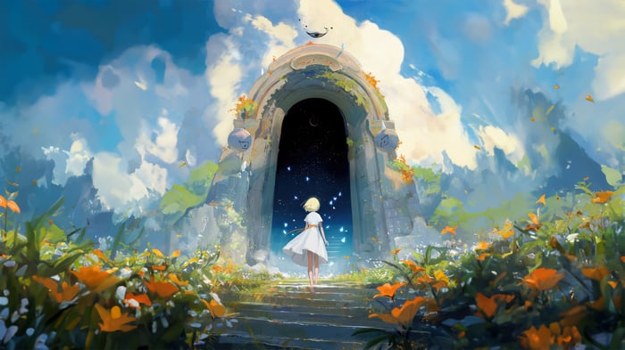 Girl Walking Through Ancient Portal
