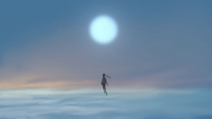 Girl levitating in the sky with a bright sun