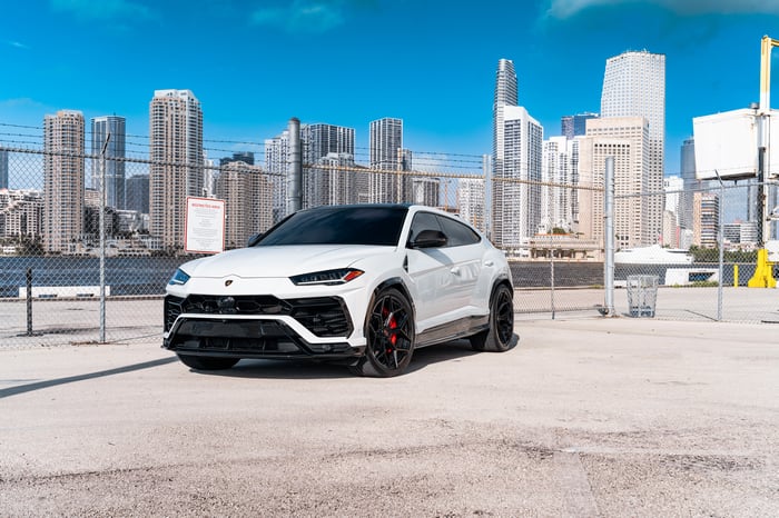 White Lamborghini Urus with Miami Skyline