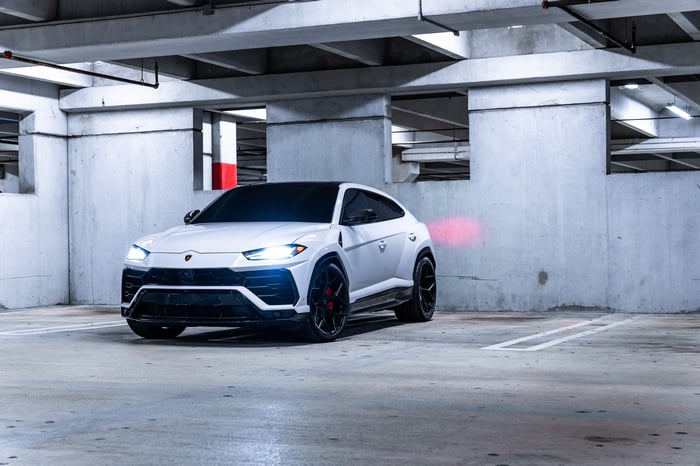 White Lamborghini Urus in Parking Garage