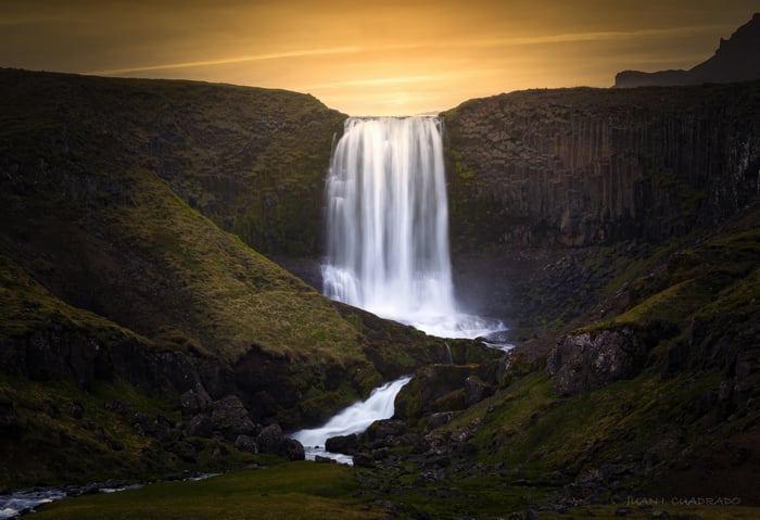 Waterfall in Iceland with Basalt Columns