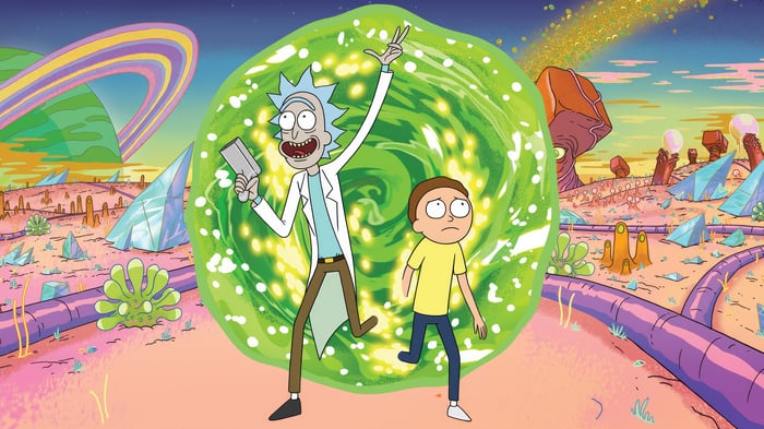 Rick and Morty in a strange alien landscape