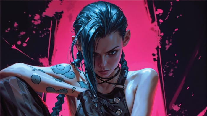 Jinx from Arcane with blue braids and tattoos