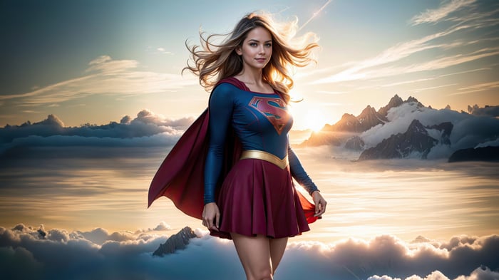 Supergirl standing on clouds with mountains