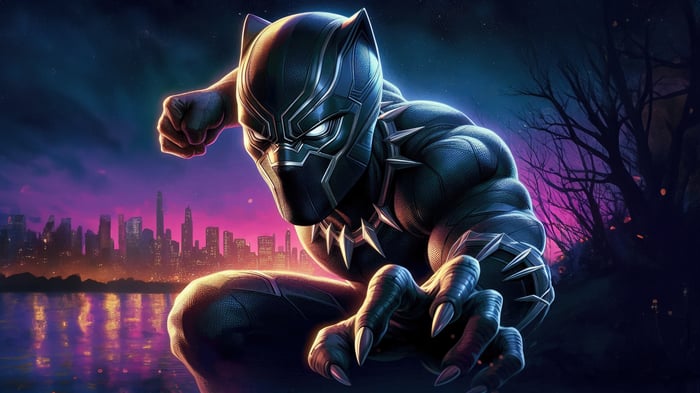 Black Panther in a Crouching Pose with City Skyline