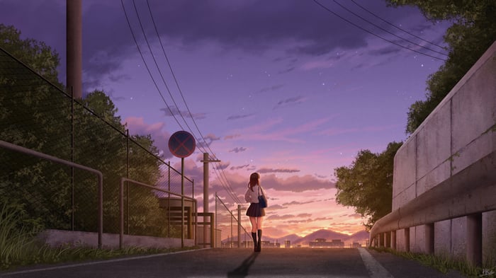 Girl walking on a road at sunset