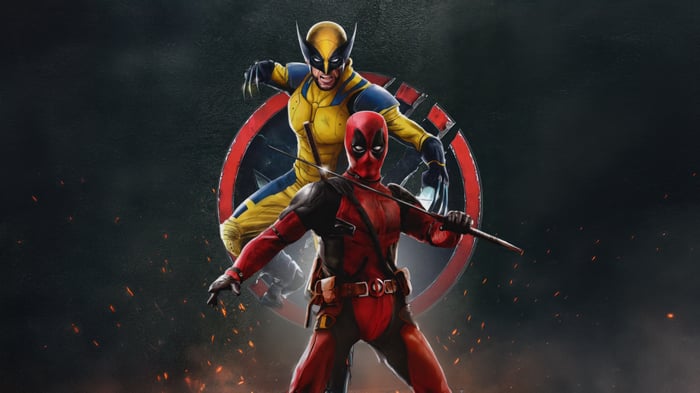 Deadpool and Wolverine in front of a shield emblem