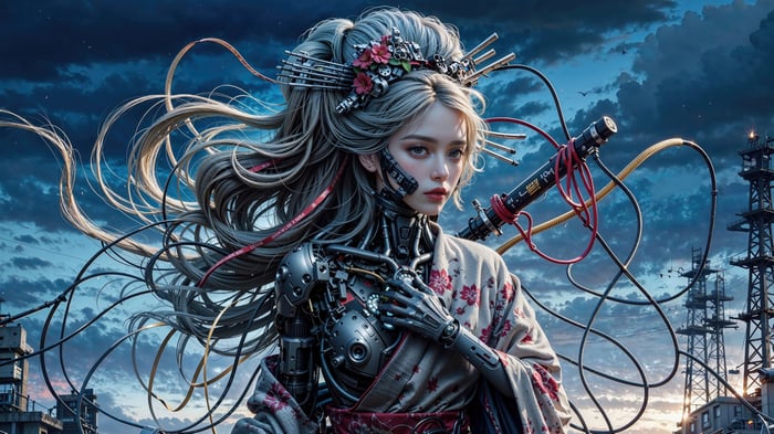 Cyborg woman in kimono with mechanical arm
