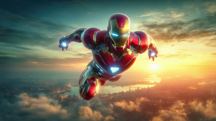 Iron Man flying over a city at sunset