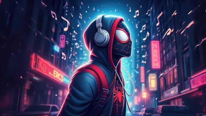 Miles Morales Listening to Music in Neon City