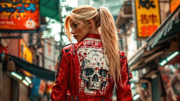 Woman in Red Jacket with Skull Design