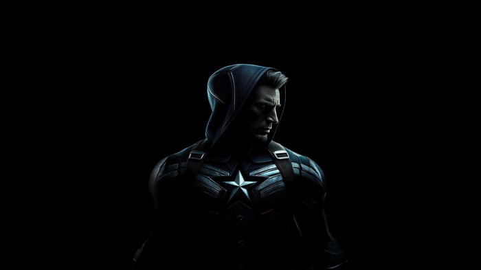 Captain America in a dark hooded suit