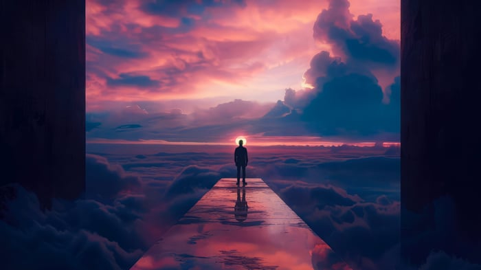 Man Standing on a Path Above Clouds at Sunset