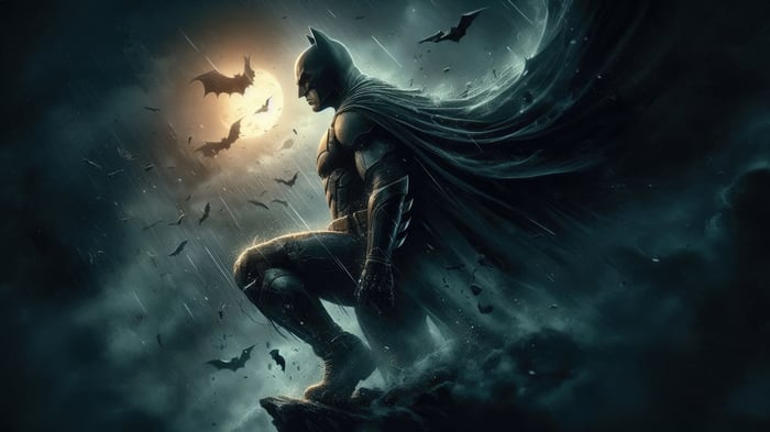 Batman in the rain with bats and moon