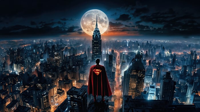 Superman overlooking a futuristic city at night