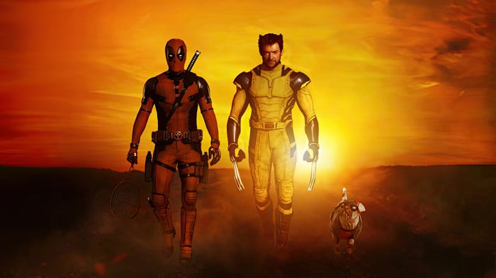 Deadpool and Wolverine walk at sunset