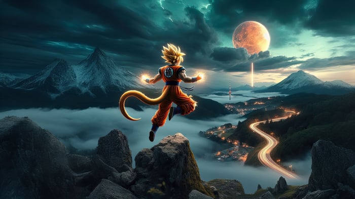 Goku Charging Energy Above a Misty Valley