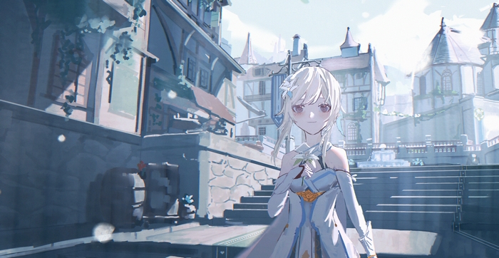 Lumine from Genshin Impact in a European-style town