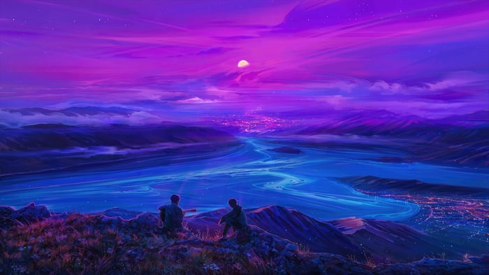 Two people enjoy a vibrant purple and blue landscape